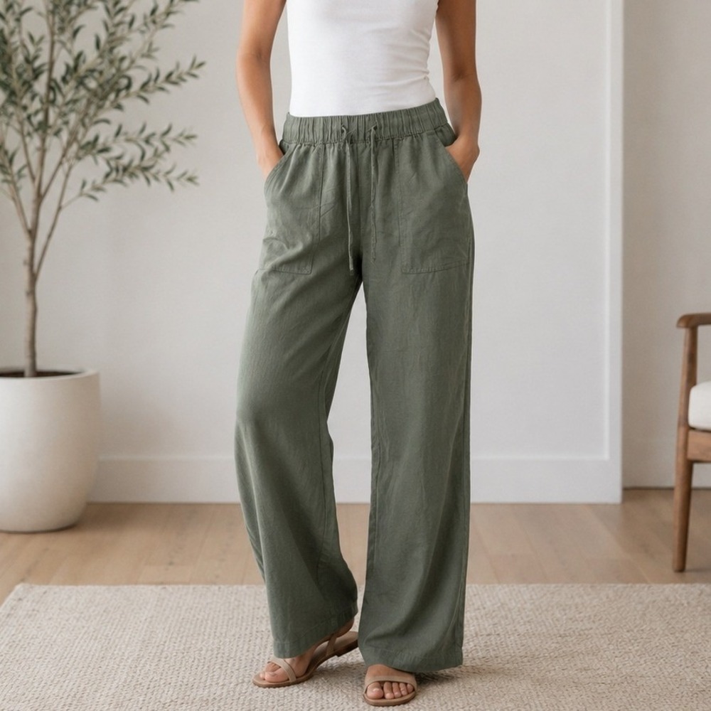 Gap Linen Blend Pants Olive Green Relaxed Elastic Waist XS NWT Resort Minimalist
